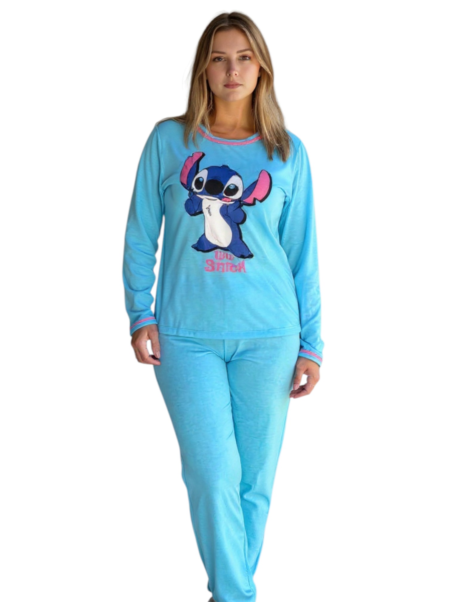 Pijama Longo Adulto Stitch Azul P