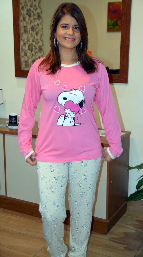 Pijama Longo Adulto de Malha snoopy Calça Marfim