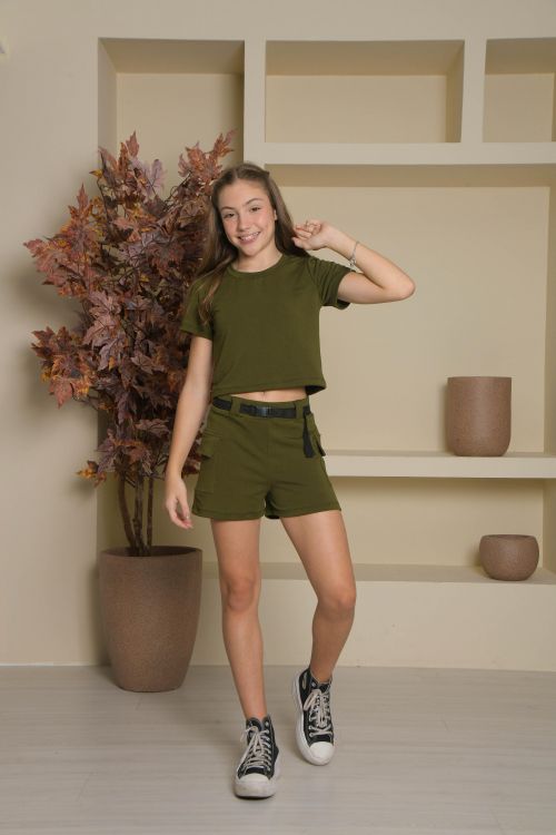 Conjunto Moletom Shorts Cargo e Cropped Verde Militar a partir
