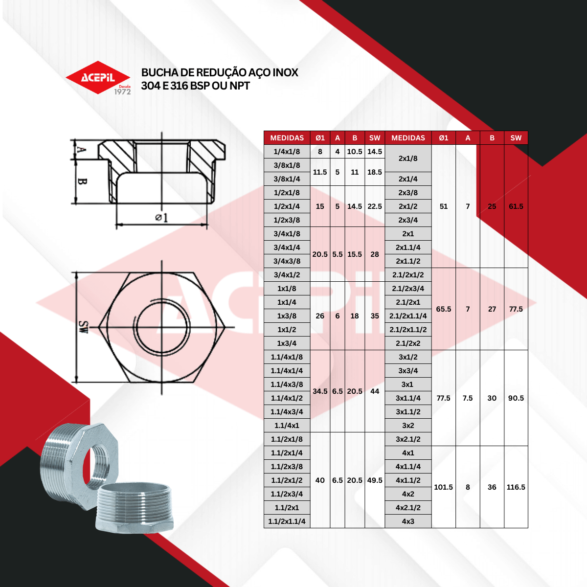 ACI-9 Bucha de Redução Aço Inox 304