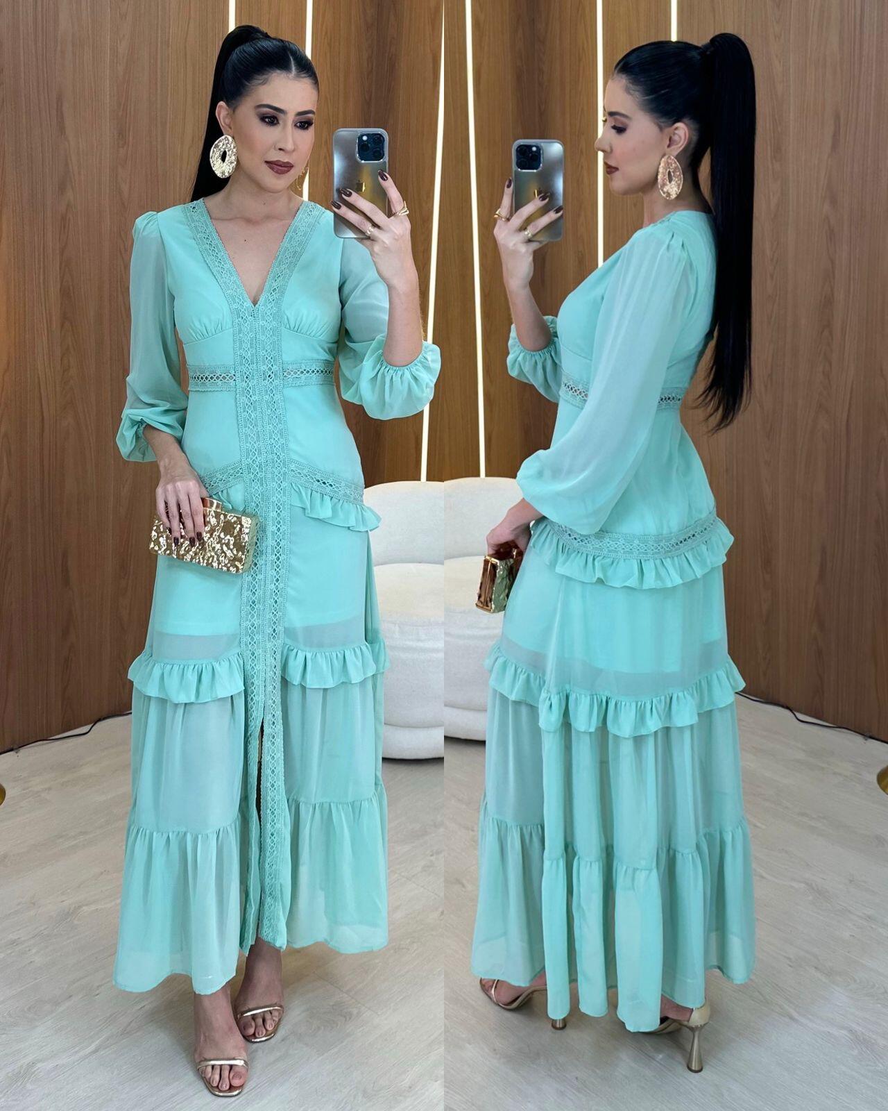 Vestido largo de chiffon con escote en forma de cerradura y espalda descubierta Verde Oscuro