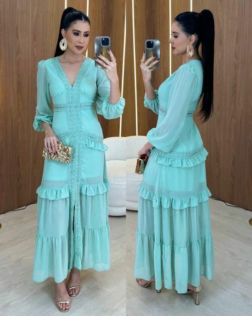 Vestido largo de chiffon con escote cuadrado y abertura frontal Verde Lima main image 1