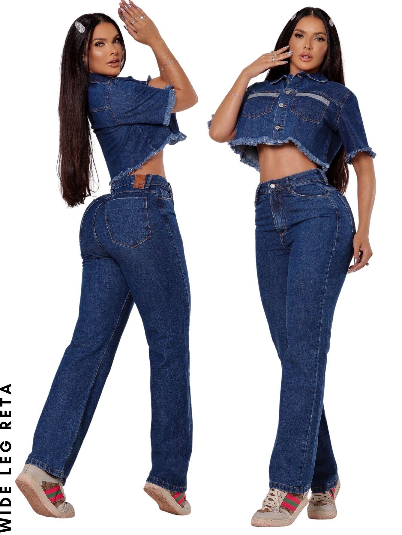 Comprar Calça Jeans Feminina Wide Leg Over Size Reta Azul Escuro
