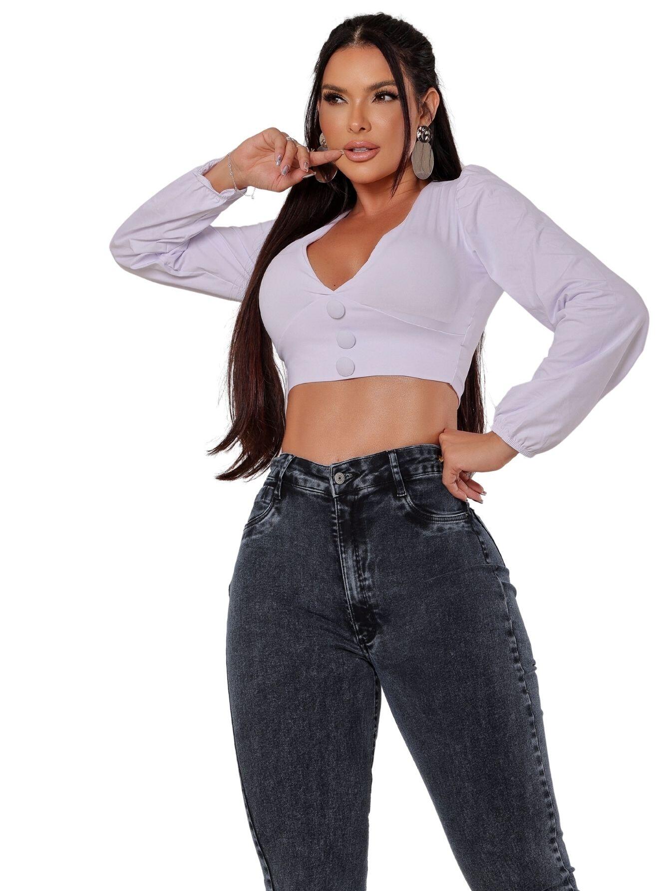 Calça Cigarrete Jeans Básica Tecido com Elastano Strech Lycra Modelagem  Chapa Barriga Cintura Alta Plus Size Fact Jeans 5438