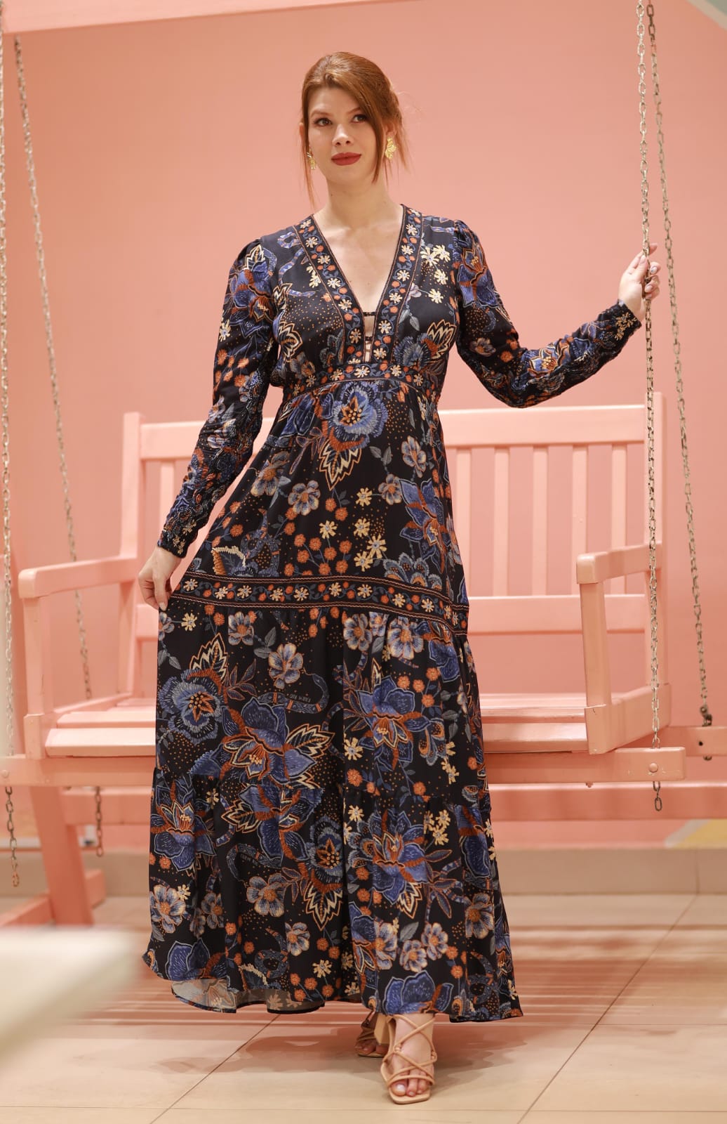 Longo Estampado Vestido Longo Manga Comprida Festa Vestido Longo