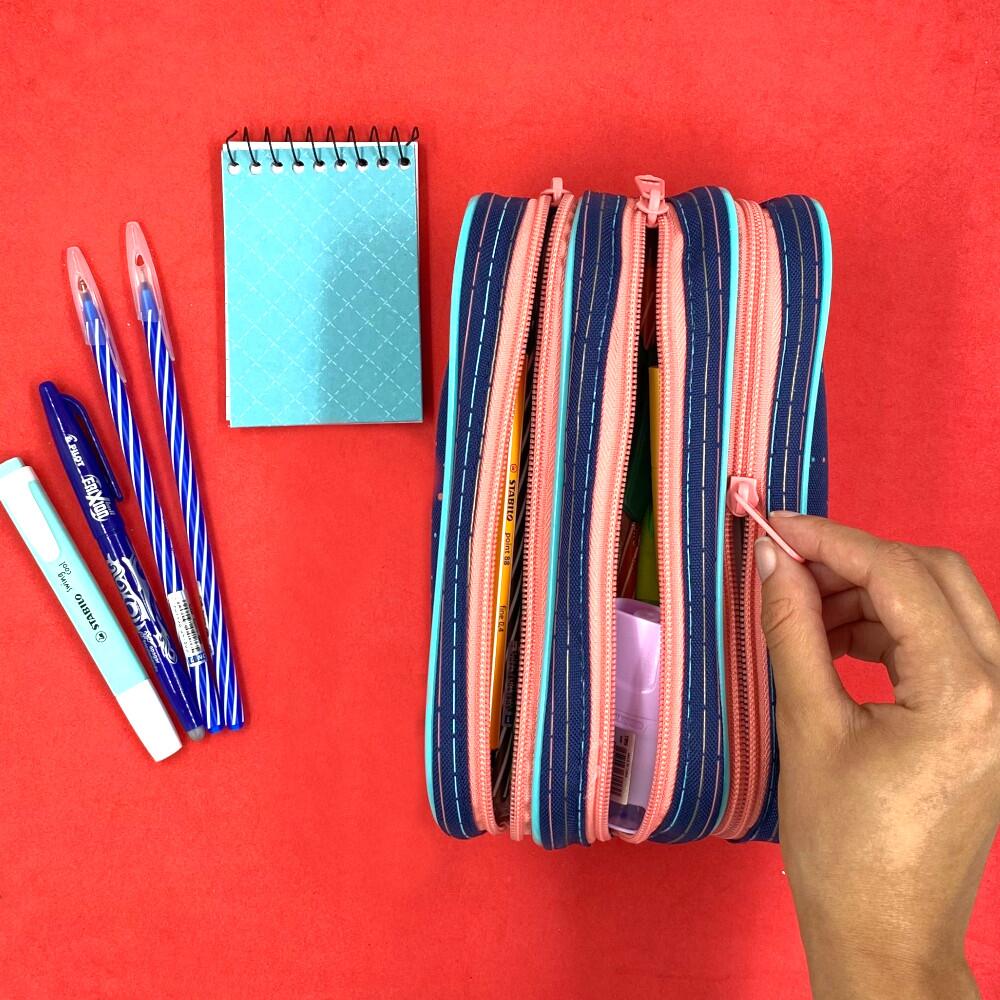 Comprar Estojo Triplo Tilibra Escolar Juvenil Académie Dots Azul