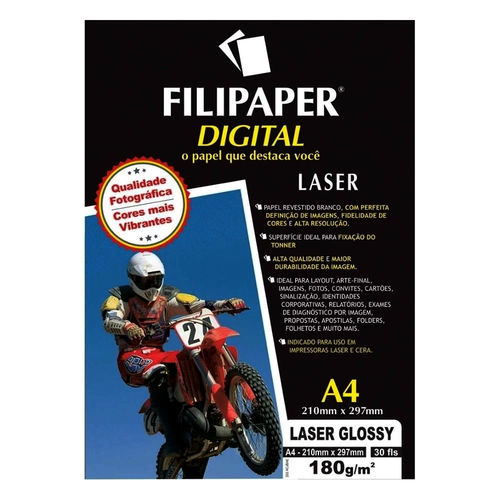 Papel Fotográfico Laser A4 Filipaper Glossy Pro 180g 30Fls