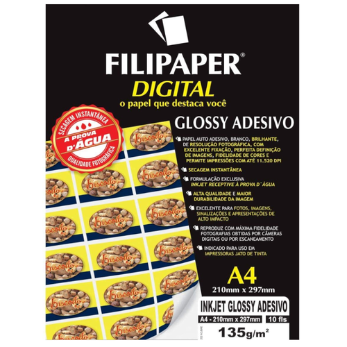 Papel Fotográfico A4 Filipaper 135g Glossy Adesivo 10Fls