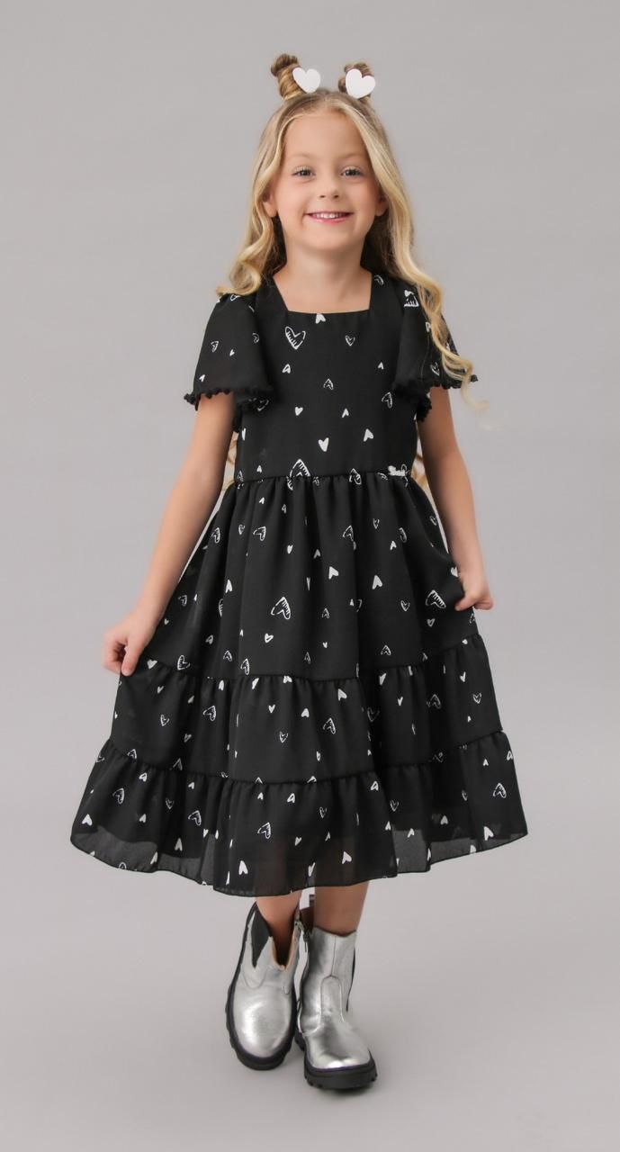 VESTIDO INFANTIL CATTAI PRETO COM ESTAMPA DE CORAÇÃO 238 06