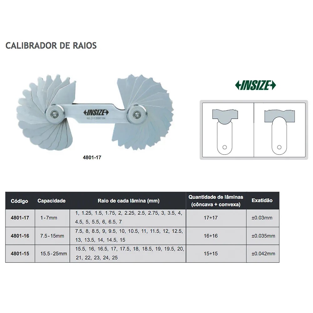 CALIBRE DE RAIOS CONCAVOS E CONVEXOS MODELO 4801 INSIZE