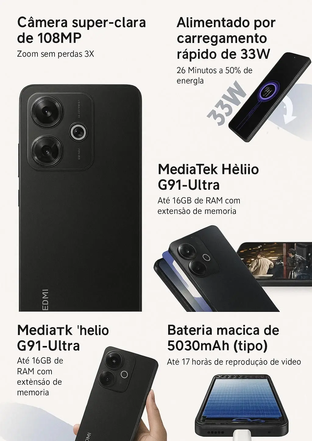 Comprar Smartphone Xiaomi Redmi 13X 256GB 08GB Ram Câmera 108MP dupla