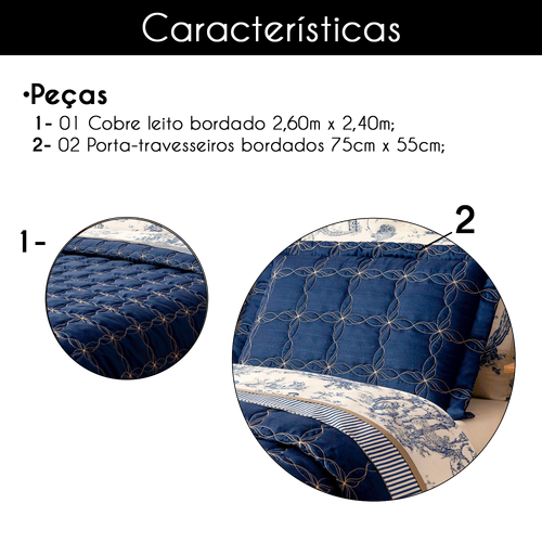 Cobre Leito Casal Queen Bordado Tecido Microfibra Kit 03 Peas Porcelana - Azul