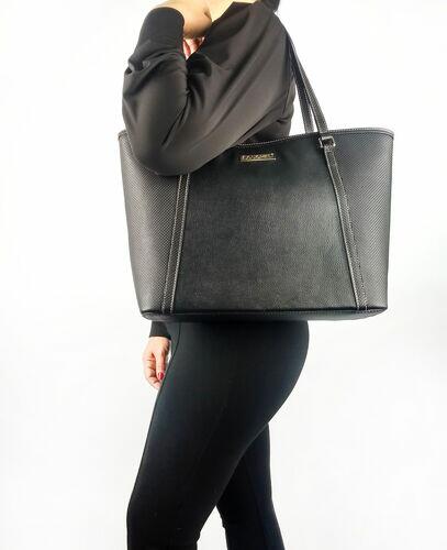 Bolsa Shopping Bia - Couro Tressê Valência Preto c/ Relax Preto