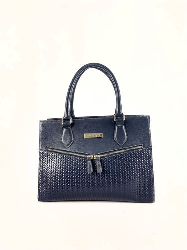 Bolsa Tote Bel - Couro Relax Azul Marinho c/ Tressê Trança Azul Marinho