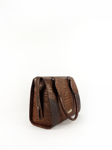 Bolsa Bowling Any - Couro Croco Pinhão c/ Liso Café