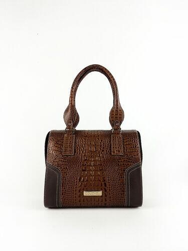 Bolsa Bowling Any - Couro Croco Pinhão c/ Liso Café