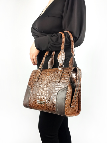 Bolsa Bowling Any - Couro Croco Pinhão c/ Liso Café