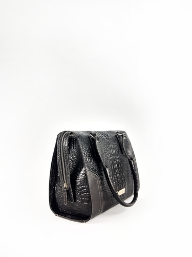 Bolsa Bowling Any - Couro Croco Preto c/ Liso Preto