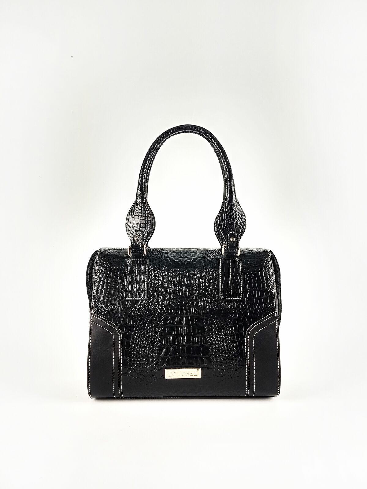 Bolsa Bowling Any - Couro Croco Preto c/ Liso Preto