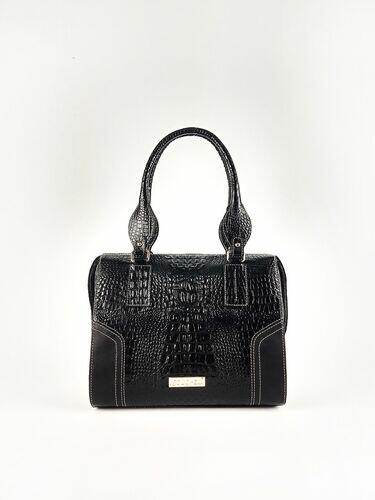 Bolsa Bowling Any - Couro Croco Preto c/ Liso Preto