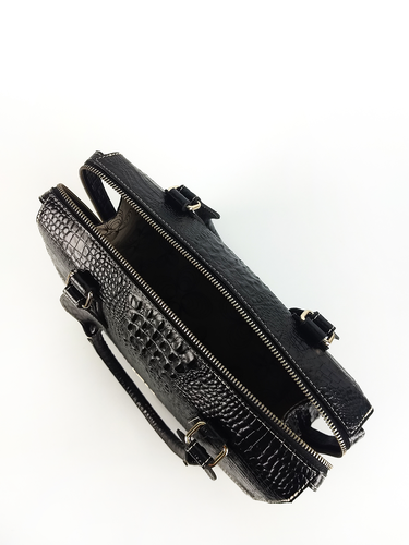 Bolsa Bowling Any - Couro Croco Preto c/ Liso Preto