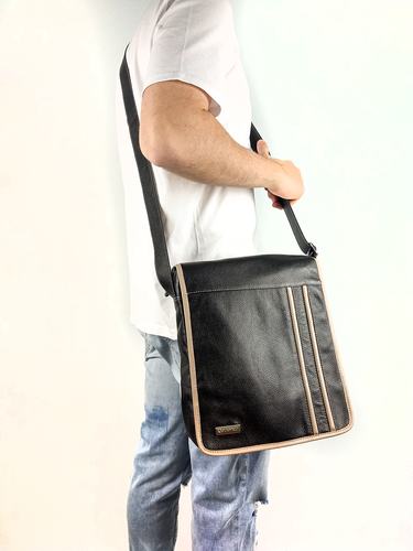Bolsa Carteiro Duda - Couro Relax Preto c/ Bege