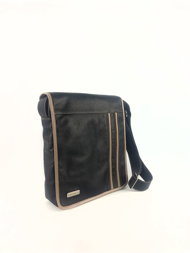 Bolsa Carteiro Duda - Couro Relax Preto c/ Bege