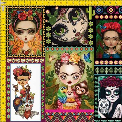Tecido Digital Frida E Bonecas Mexicanas 0,5X1.50