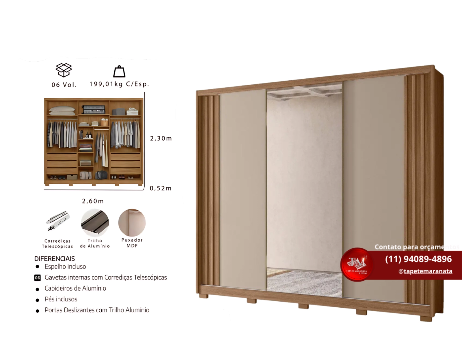e Gavetas 6 Portas, 3 com Guarda-Roupa m 洋楽 com Arizona Moval Espelho 洋楽