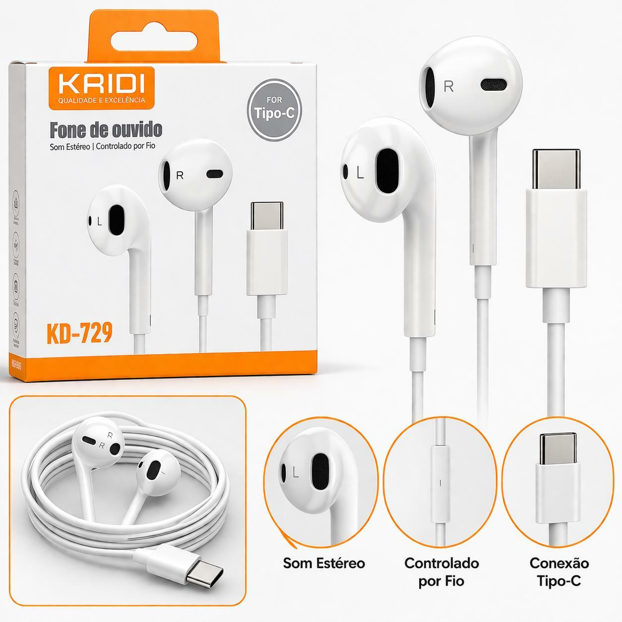 Fone de Ouvido com Fio KAIDI KD-729 Tipo-C Som Estéreo e Praticidade