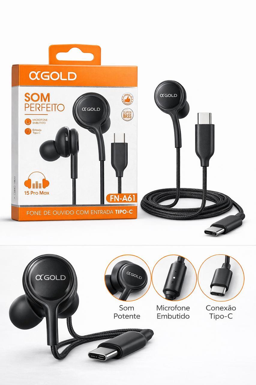 Fone de Ouvido Intra-Auricular ?GOLD FN-A61 com Entrada Tipo-C
