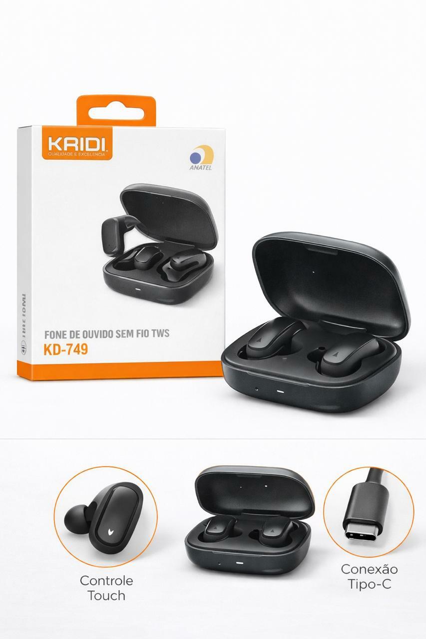 Fone de Ouvido Sem Fio TWS KAIDI KD-749 com Case Carregador