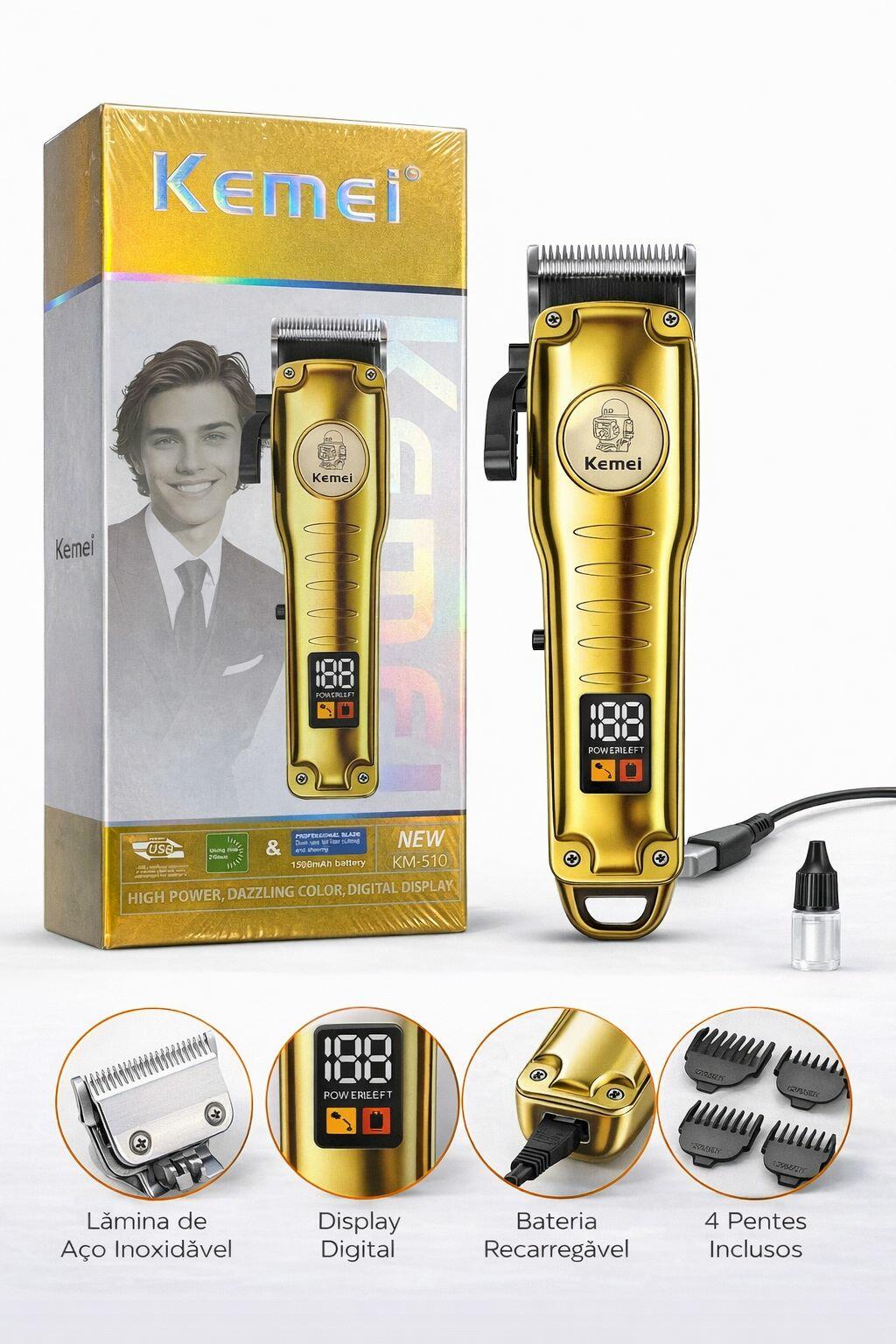 Máquina de Corte Profissional Kemei KM-510 Sem Fio com Display Digital