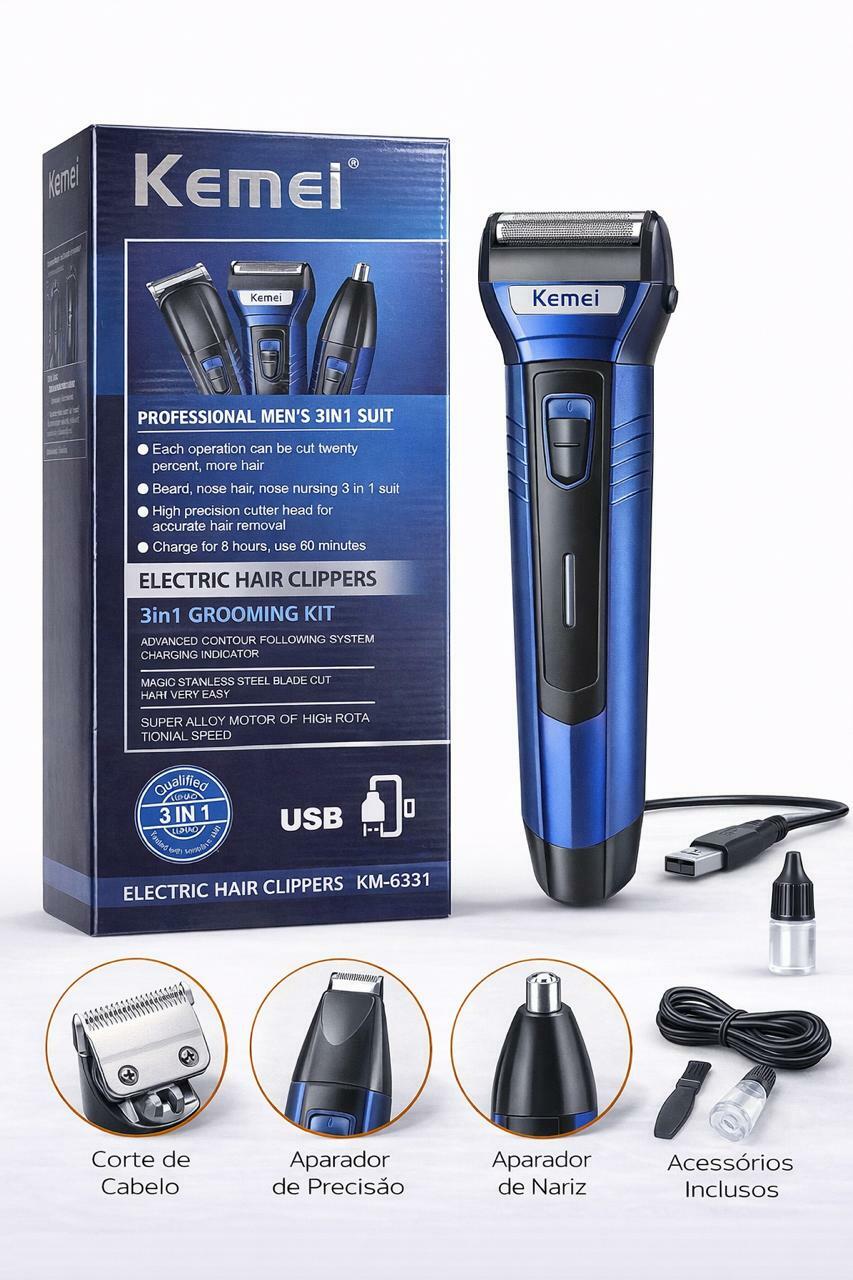 Máquina de Barbear Kemei KM-6331 3 em 1 Recarregável com USB