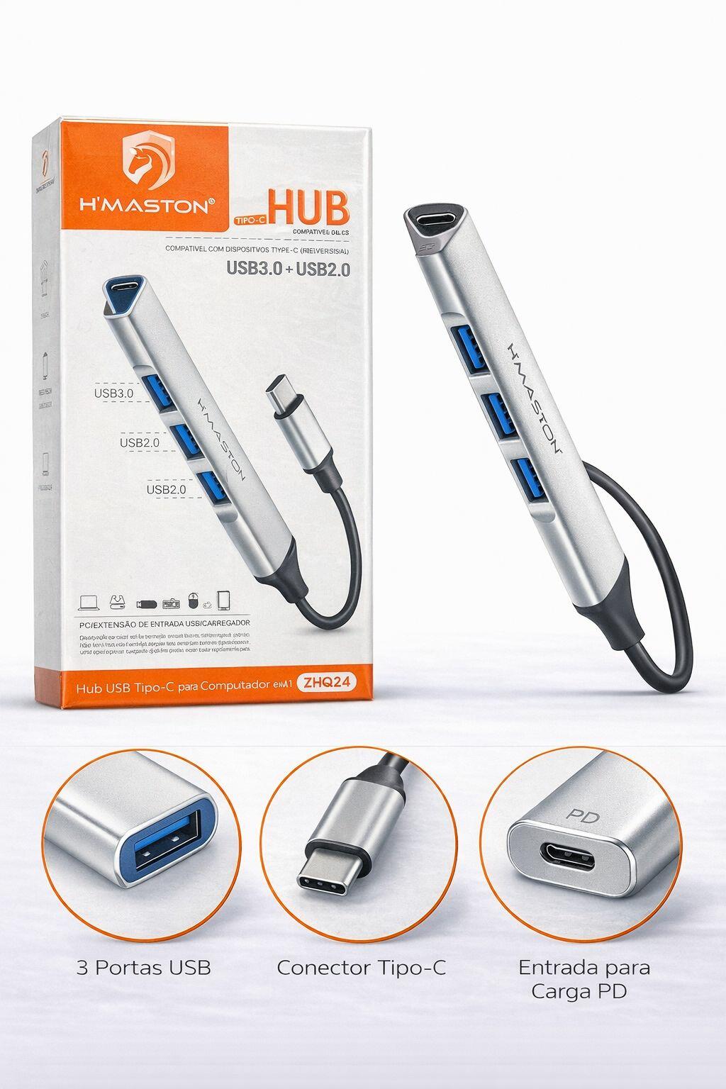 Hub USB Tipo-C H?maston ZHQ24 4 em 1 com USB 3.0 e USB 2.0