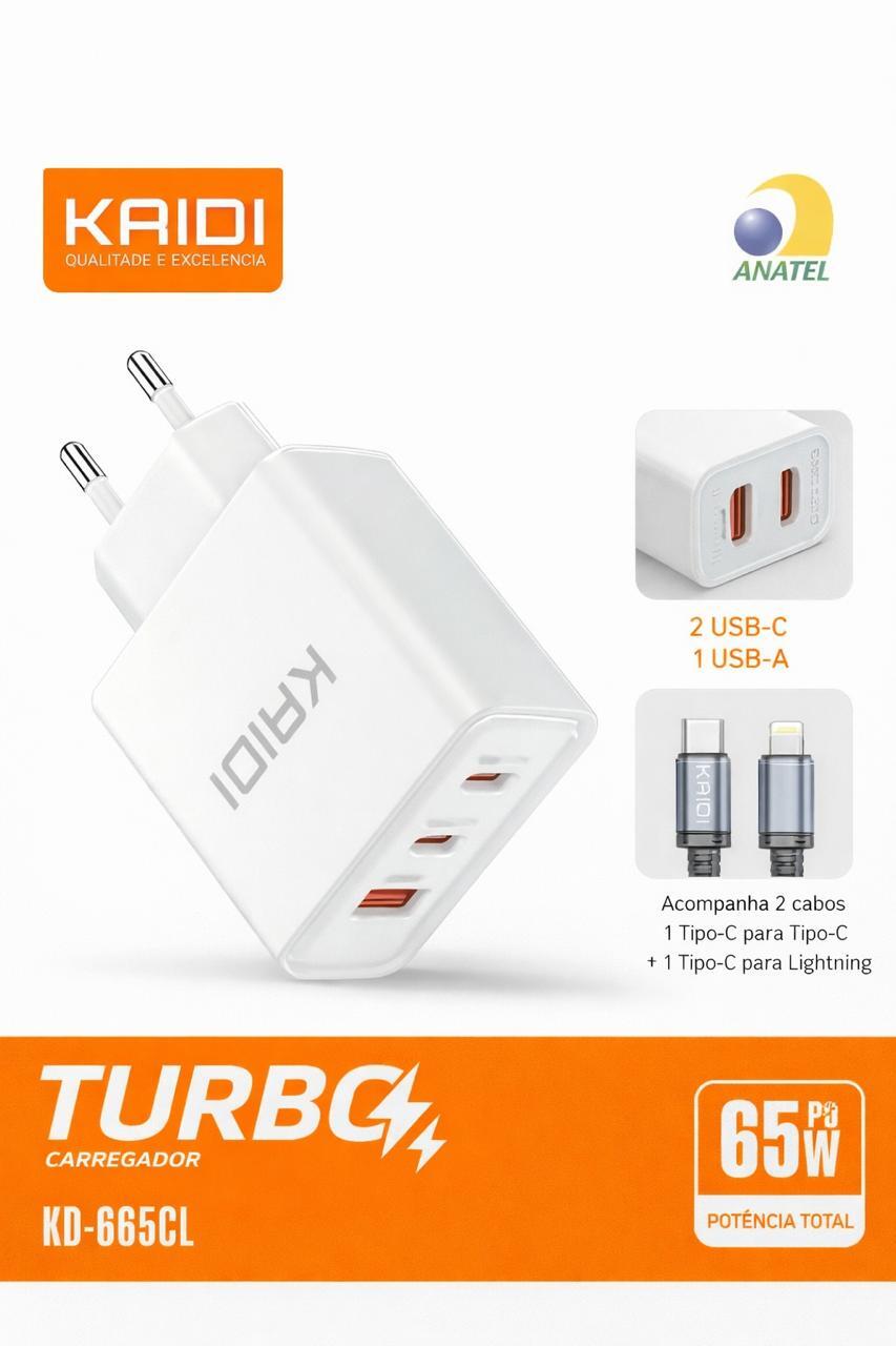 CARREGADOR TURBO KAIDI 65W USB + USB-C KD-665CL COM CABOS