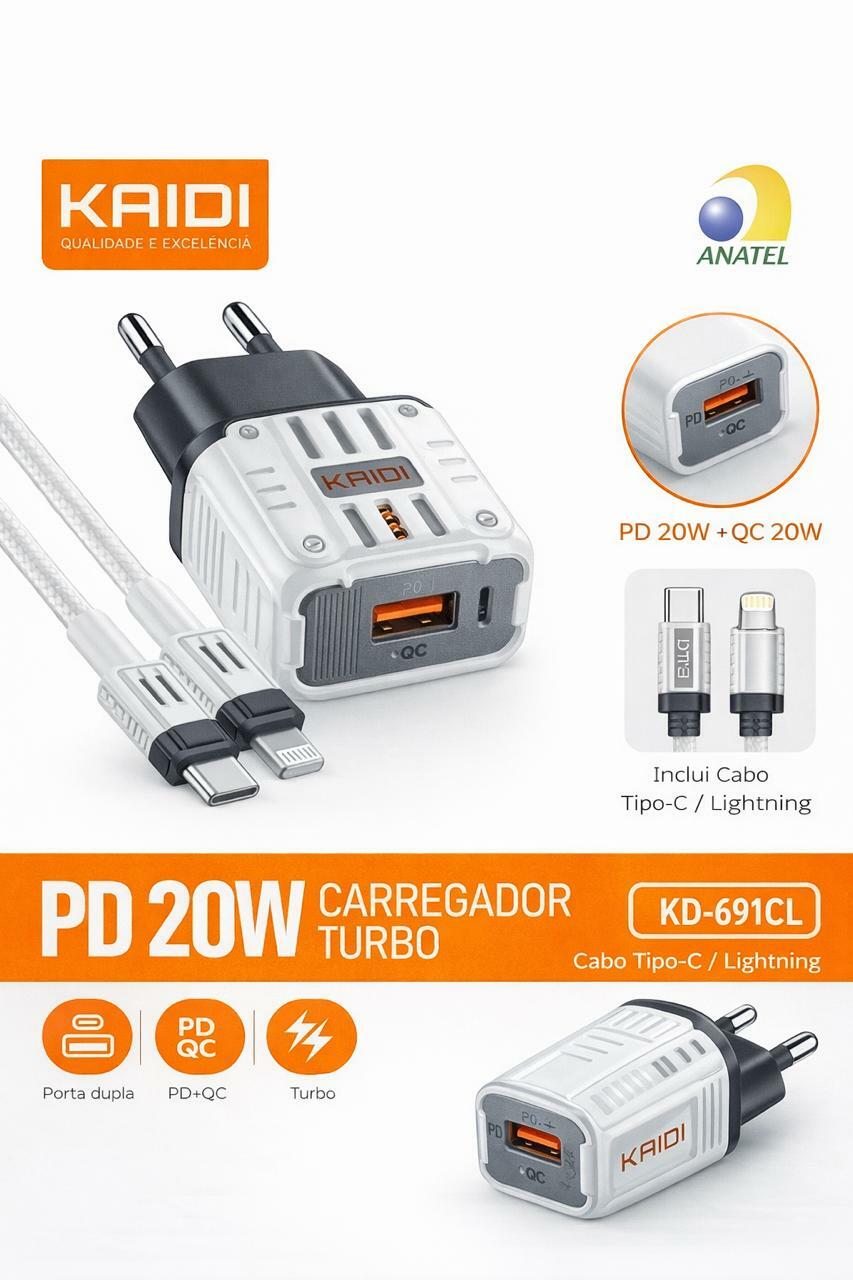 CARREGADOR TURBO KAIDI PD 20W USB + USB-C KD-691CL COM CABO TIPO-C / LIGHTNING