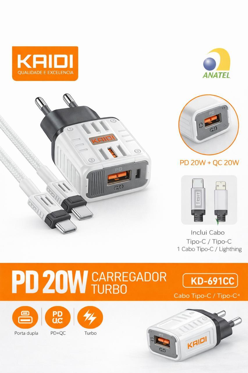 CARREGADOR TURBO KAIDI PD 20W USB + USB-C KD-691CC COM CABO TIPO-C