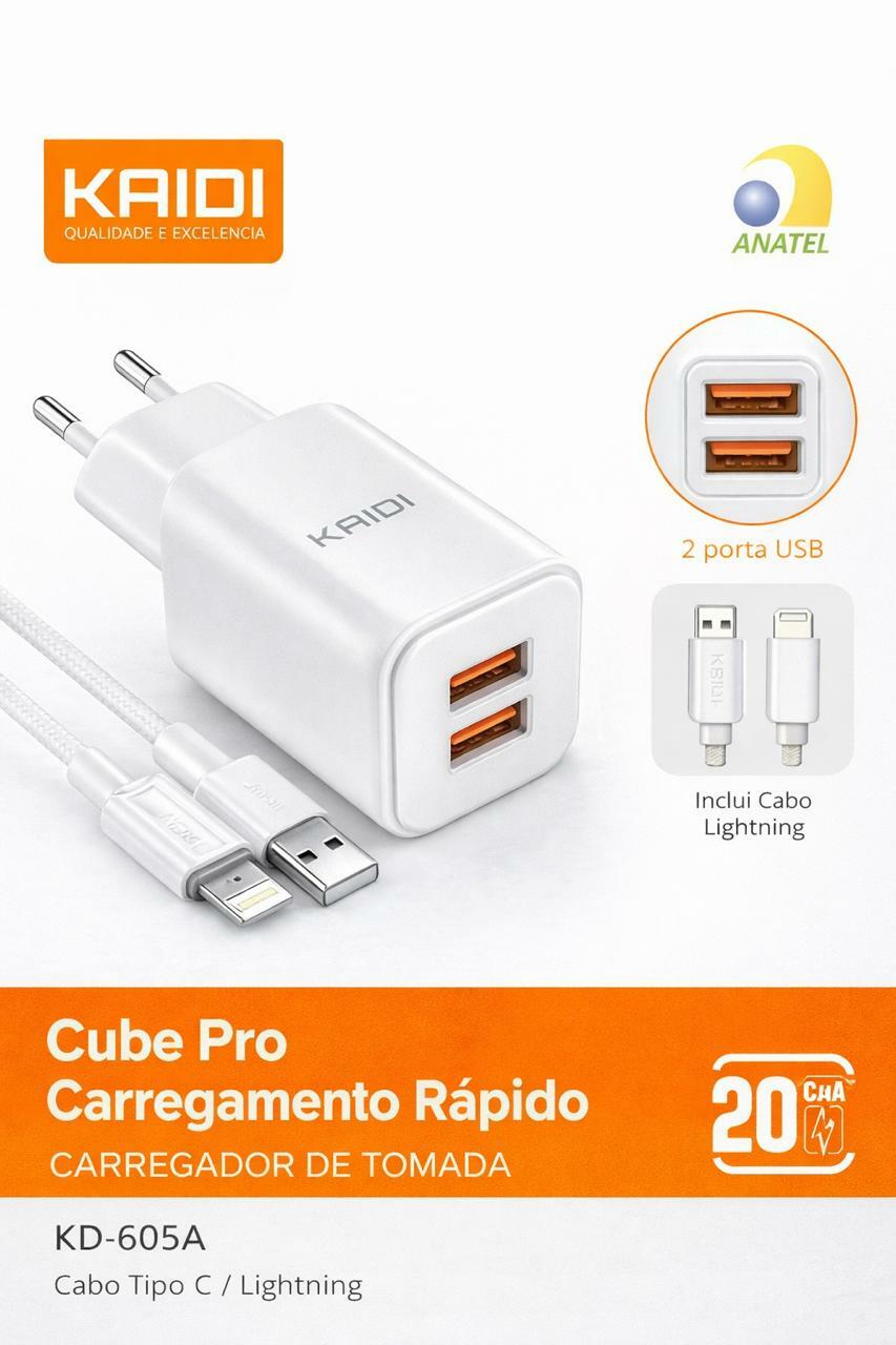 CARREGADOR TURBO KAIDI 2 USB 2.4A COM CABO LIGHTNING KD-605A