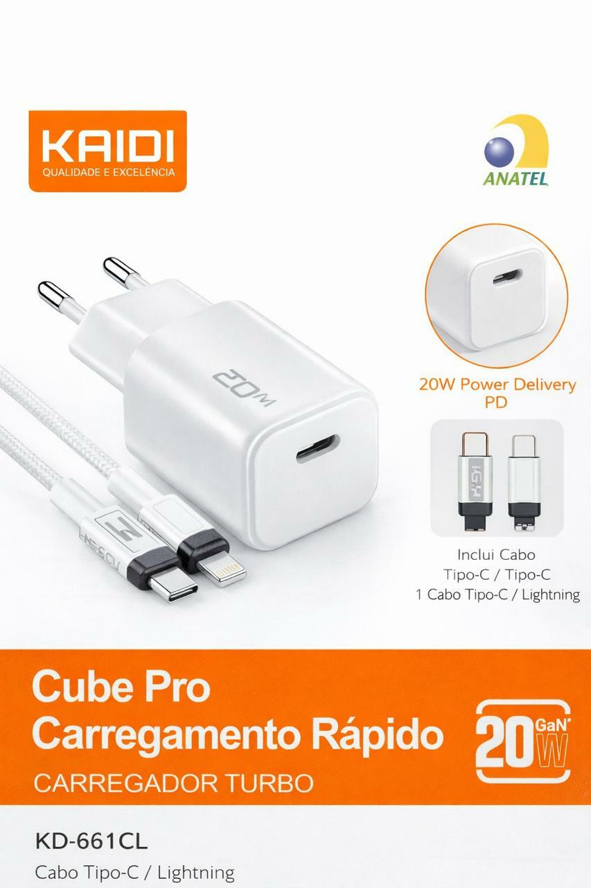 CARREGADOR TURBO KAIDI CUBE PRO 20W PD CABO TIPO-C / LIGHTNING KD-661CL