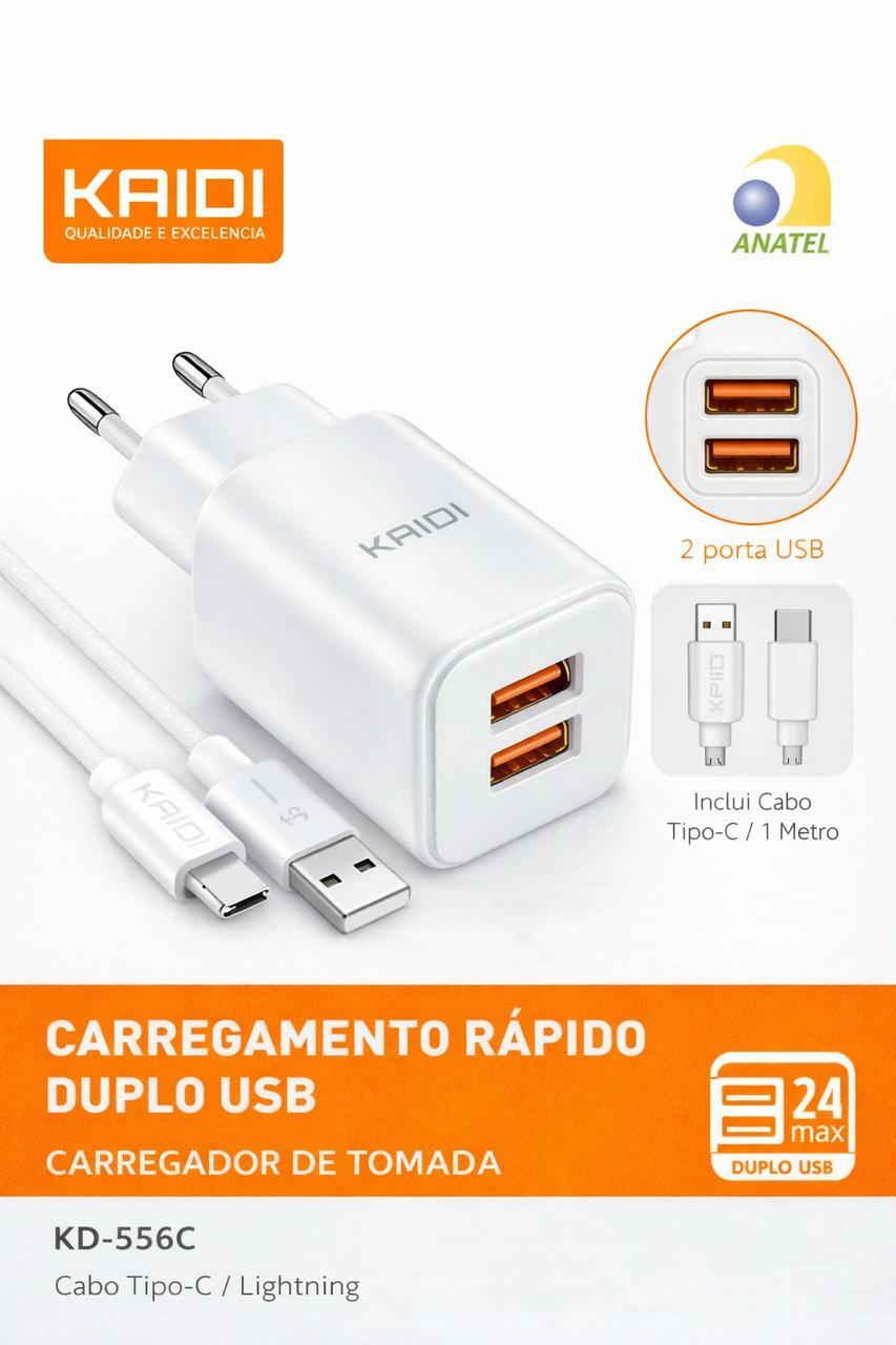 CARREGADOR TURBO KAIDI DUPLO USB 2.4A COM CABO TIPO-C KD-556C