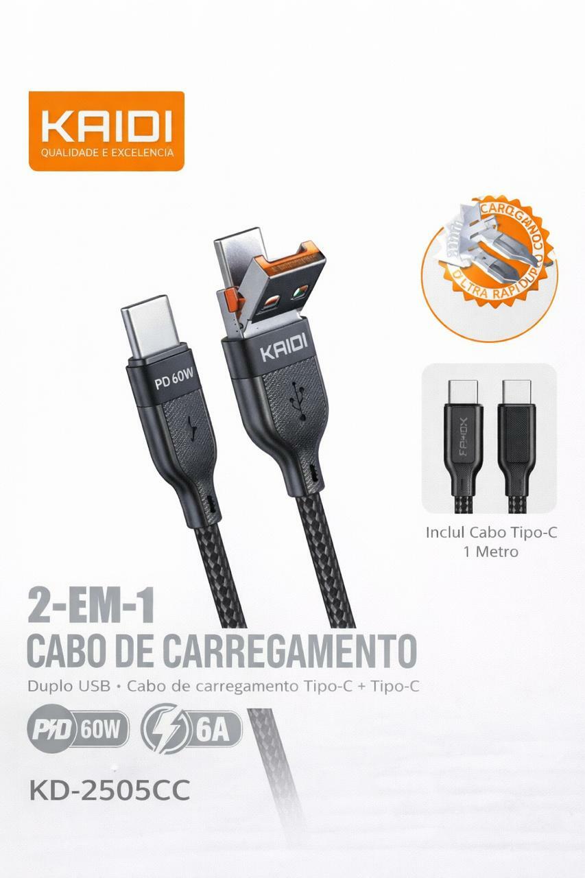 CABO DE CARREGAMENTO KAIDI 2 EM 1 TIPO-C + TIPO-C PD 60W KD-2505CC