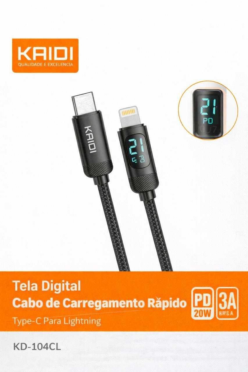 CABO KAIDI TIPO-C PARA LIGHTNING COM DISPLAY DIGITAL PD 20W KD-104CL