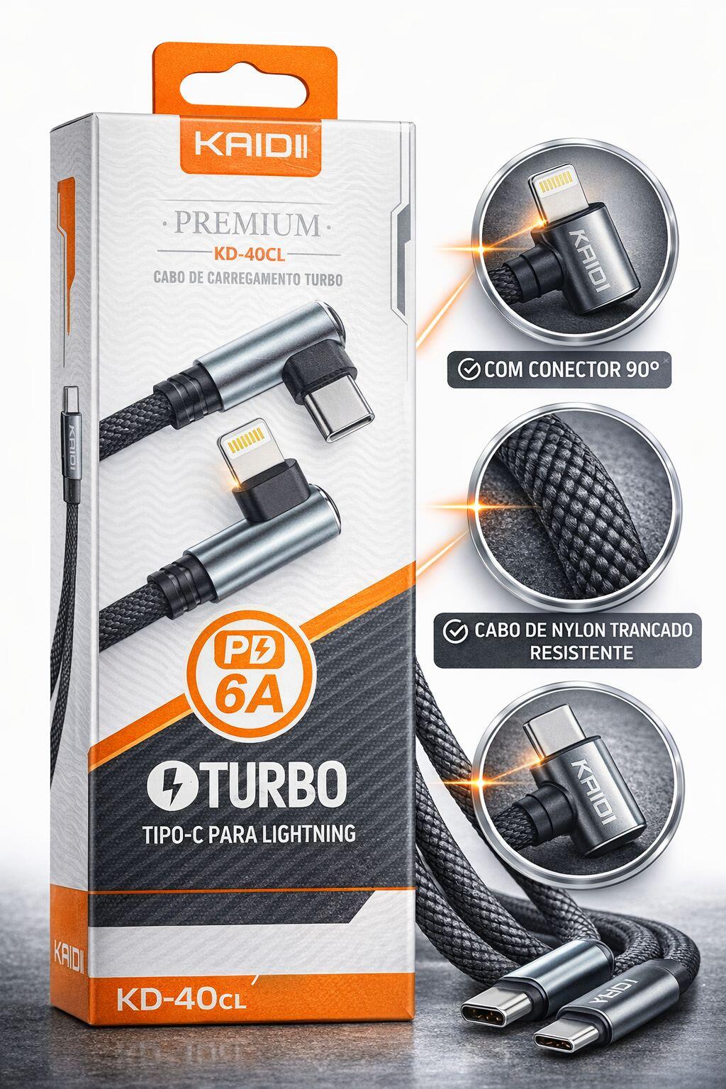 Cabo Turbo Kaidi Premium KD-40CL Tipo-C para Lightning 6A Carregamento Rápido