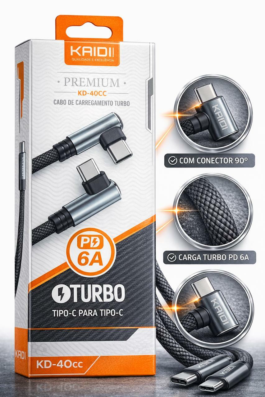 Cabo Turbo Kaidi Premium KD-40CC Tipo-C para Tipo-C 6A Carregamento Rápido PD