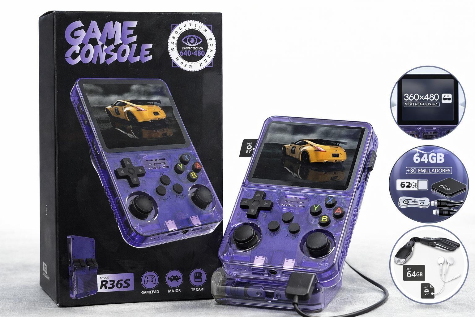 Console Portátil R36S 64GB  Retro Game com + de 30 Emuladores
