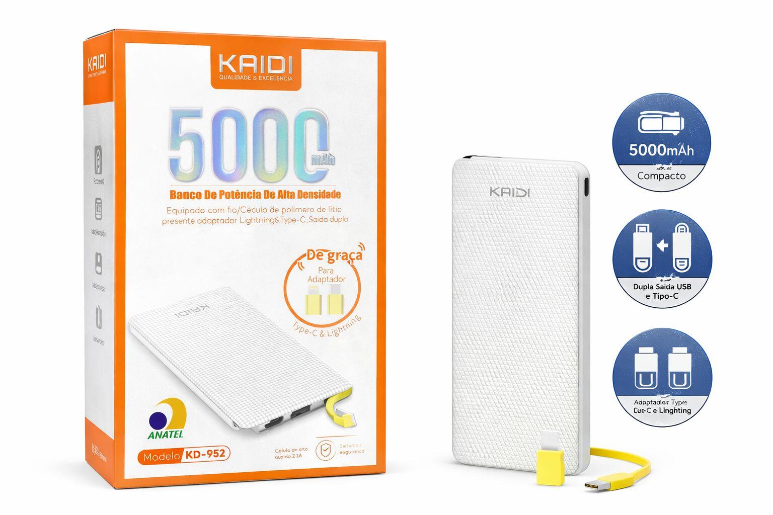Power Bank 5000mAh Kaidi KD-952 Portátil C/ Cabo Type-C e Lightning