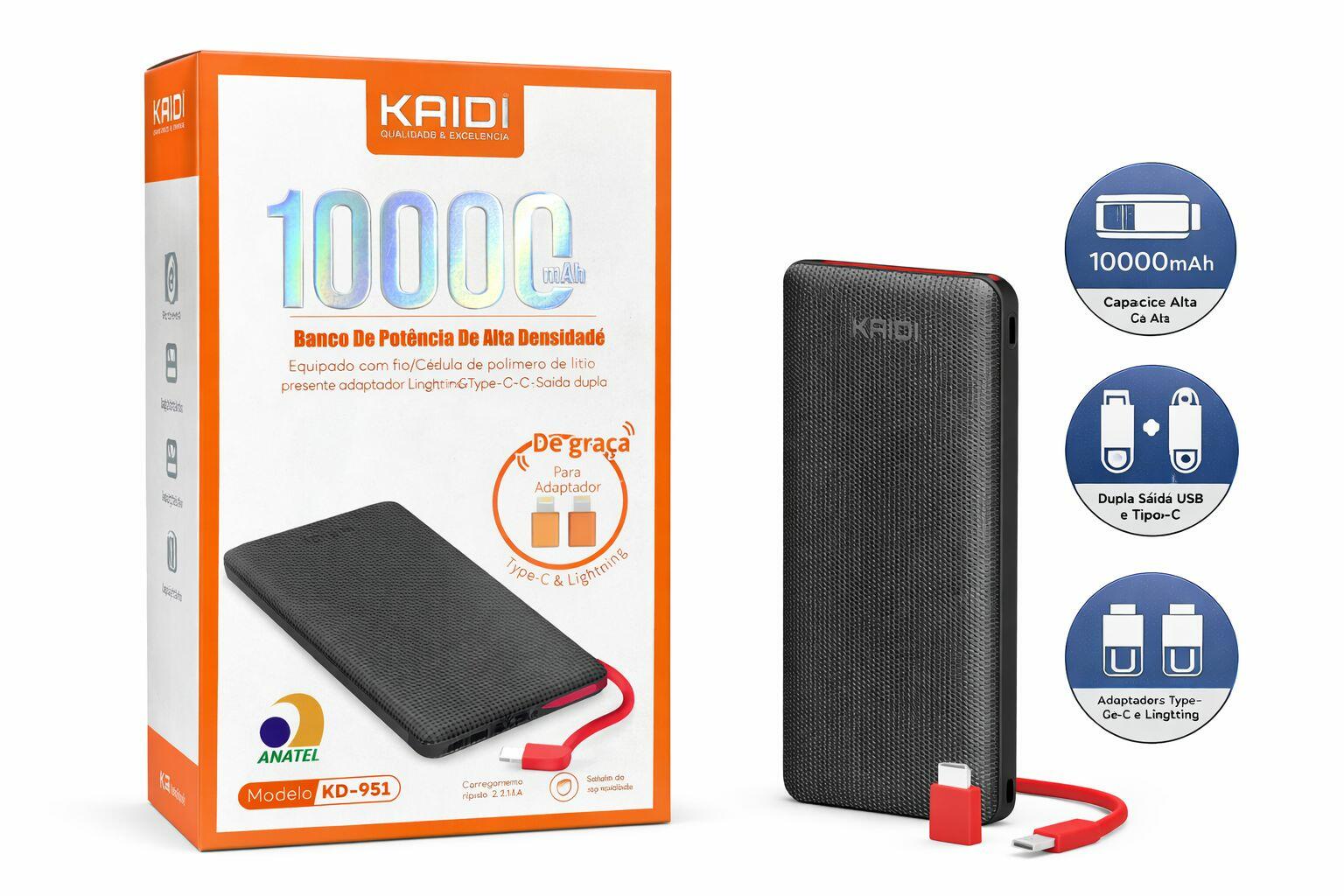 Power Bank 10000mAh Kaidi KD-951 Portátil C/ Cabo e Adaptadores