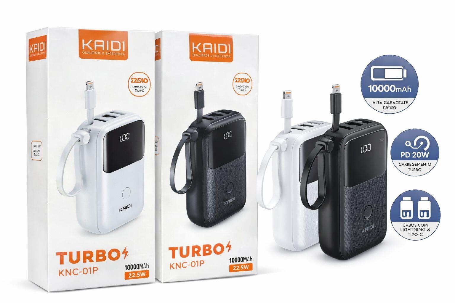Power Bank Kaidi Turbo 10000mAh 22.5W Com Cabos Integrados