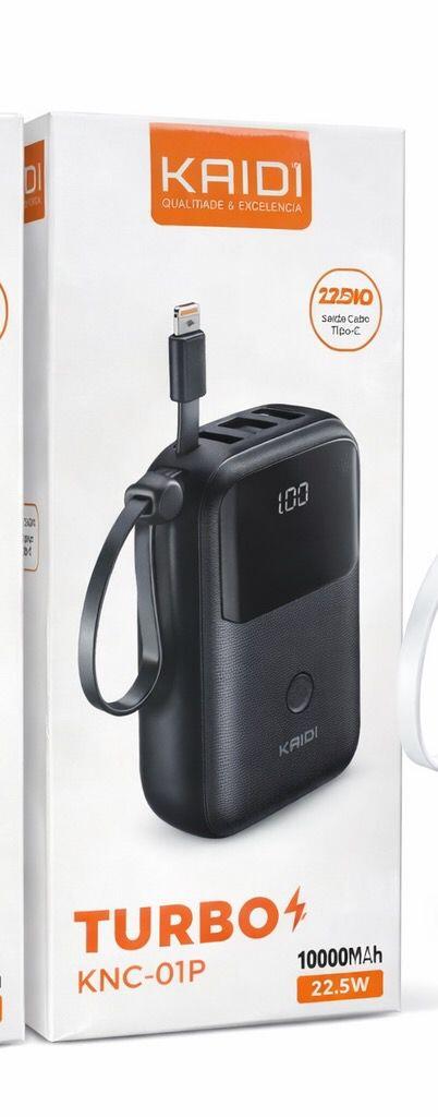 Power Bank Kaidi Turbo 10000mAh 22.5W Com Cabos Integrados